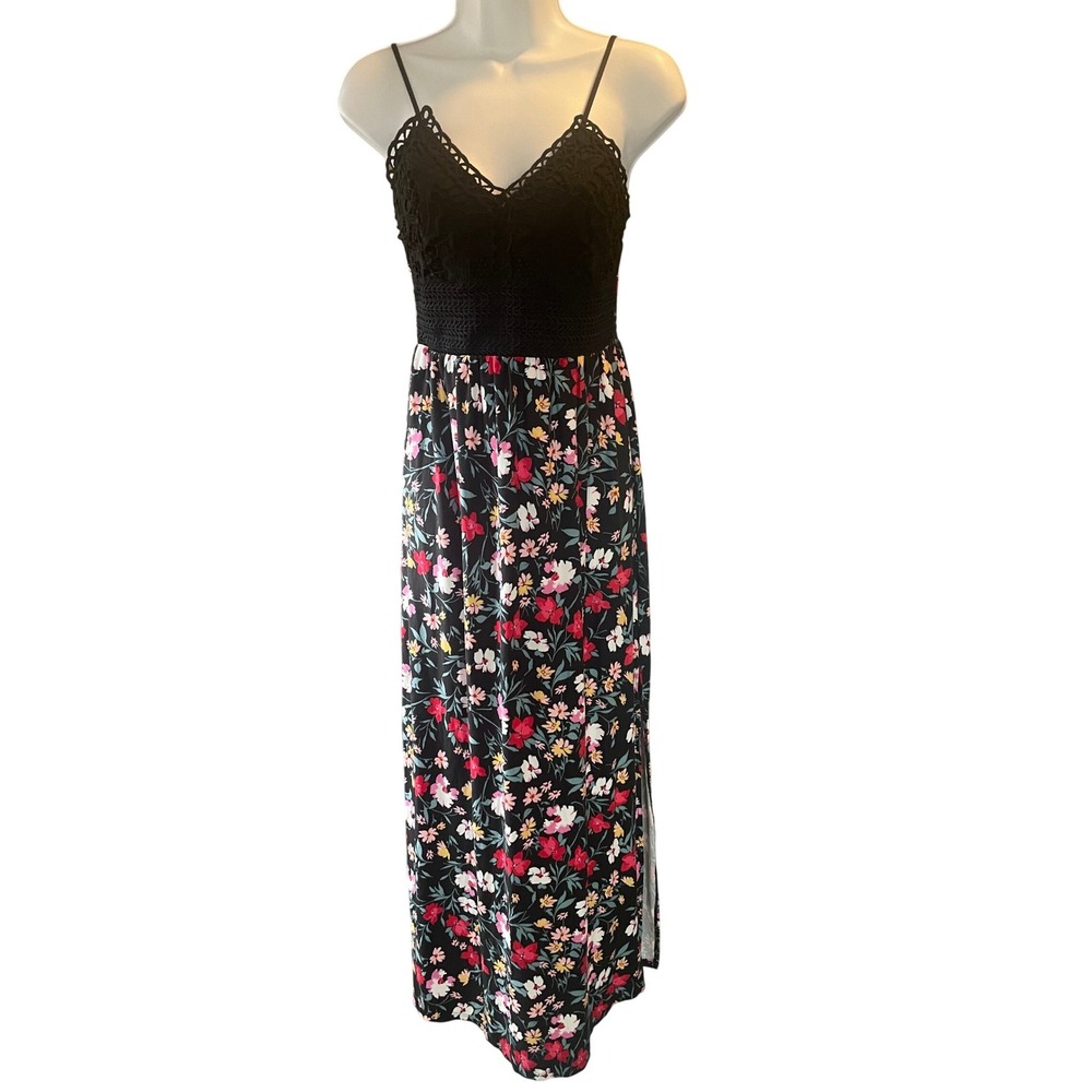 Y2K Dark Floral Fairy Crochet Lace Maxi Dress Size S Whimsigoth Resort Boho Chic